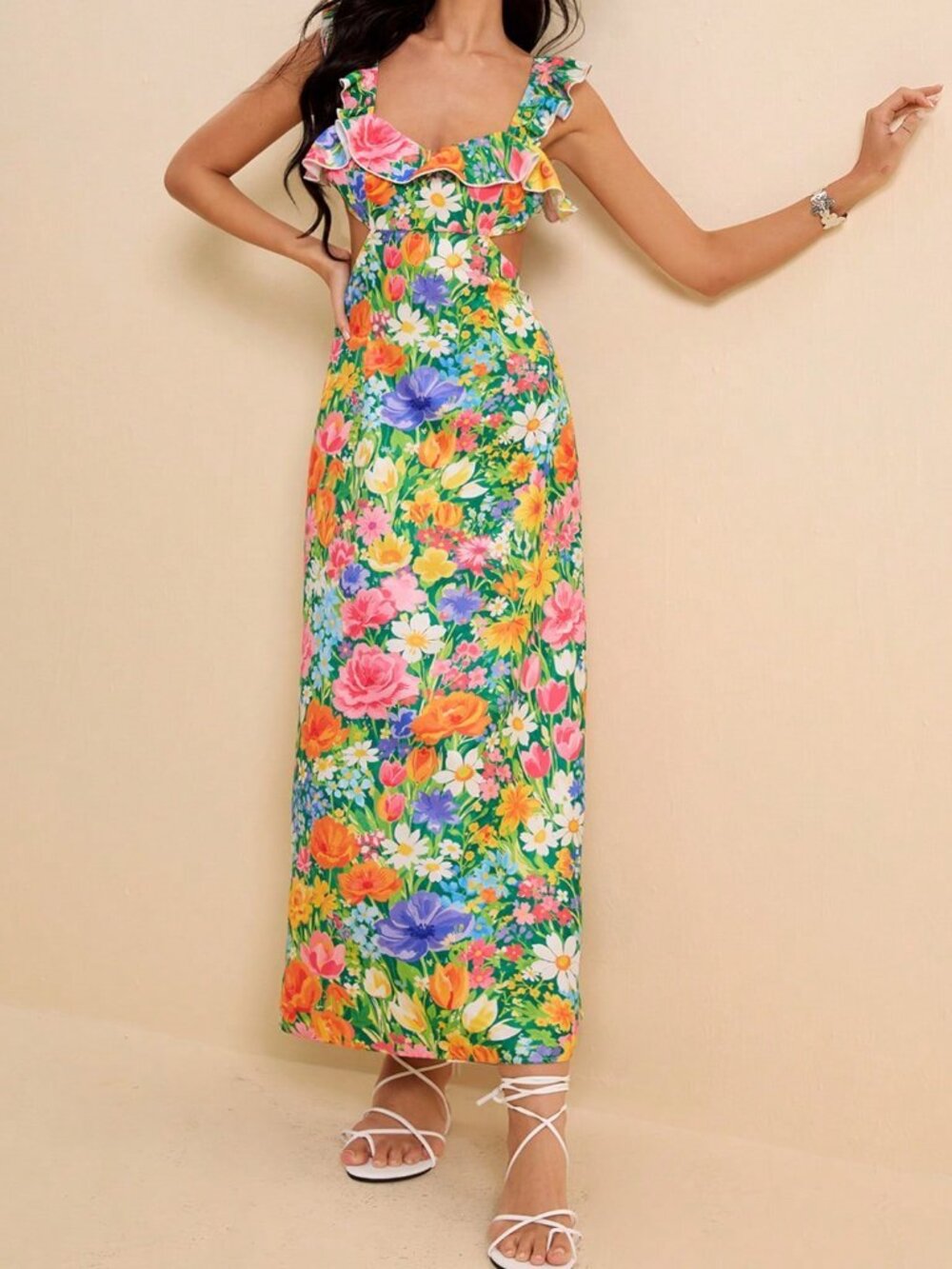 Multicolor Elegant Women's Floral Print Ruffle Detail Backless Tie Maxi Dress